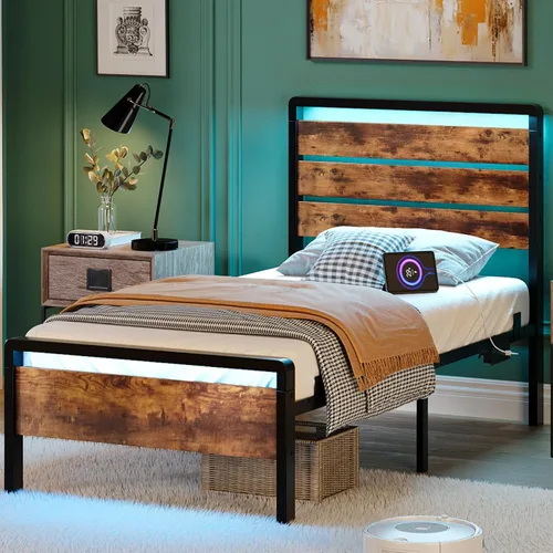 Vista 20 de VINGLI Base de cama de plataforma individual con cabecero y estribo LED, estación de carga USB, cama de panel de metal con espacio de almacenamiento
