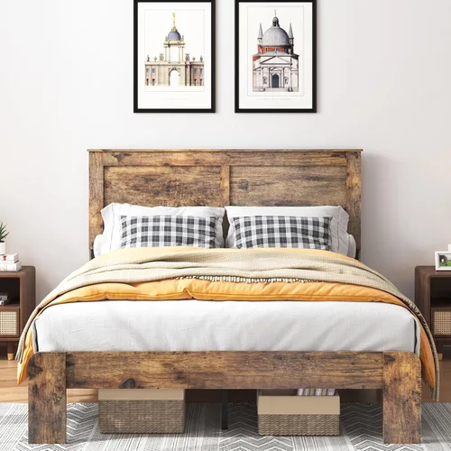 Vista 13 de Base de cama completa de madera con cabecera, base de cama de plataforma rústica de granja con soporte de 12 listones de madera, no necesita somier
