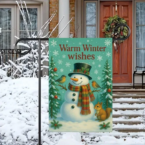 Vista 12 de Bandera de jardín de Navidad ActFirst de 12 x 18 pulgadas, bandera de muñeco de nieve de familia de Navidad Feliz con árbol, pequeña decoración