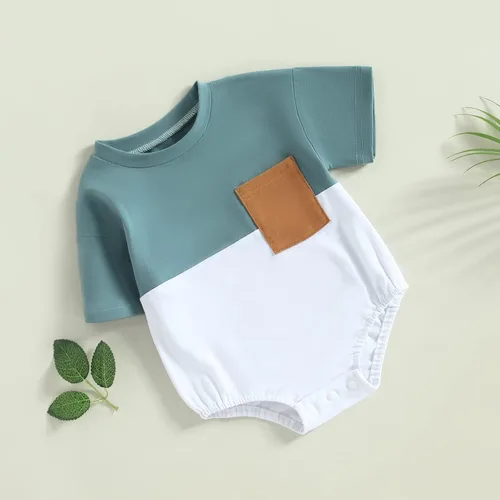 Vista 3 de Mameluco de verano para bebé niño, trajes de mameluco de bloque de color, lindo overol de 3, 6, 12, 18 meses Azul