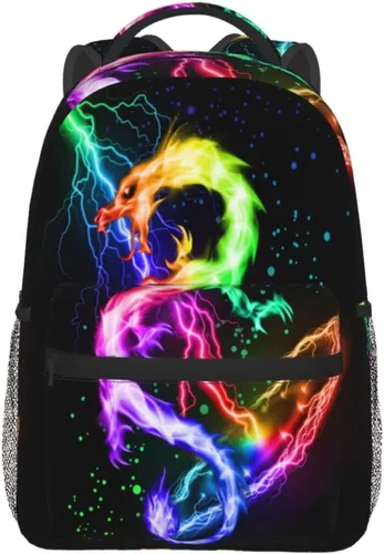 Vista 7 de Mochila con diseño de dragón de fuego rojo y azul para niños, mochilas de relámpago, mochila de animales para 2, 3, 4, 5, 6 grado, para niños