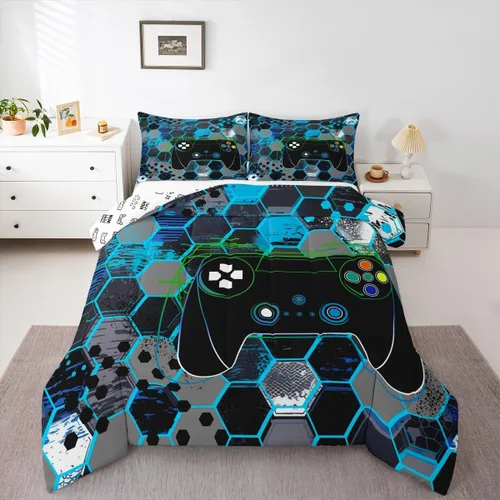 Vista 7 de Manfei Juego de edredón moderno de 2 piezas con estampado de consola de videojuegos de panal azul con 1 funda de almohada, juego de ropa de cama
