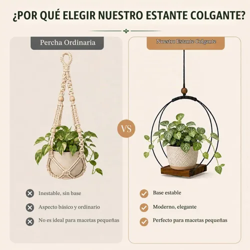 Vista 2 de Maceta colgante para plantas de interior, colgador de plantas negro para interiores con base de madera resistente, colgador de plantas de macramé