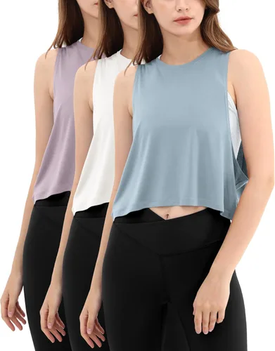 Vista 15 de ODODOS Paquete de 3 camisetas sin mangas sueltas para mujer, camisetas sin mangas para gimnasio, atletismo, entrenamiento, camisetas de yoga