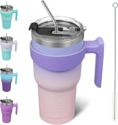 Vista 10 de BJPKPK Mini vaso de 10 onzas con tapa, popote y asa, taza de acero aislada