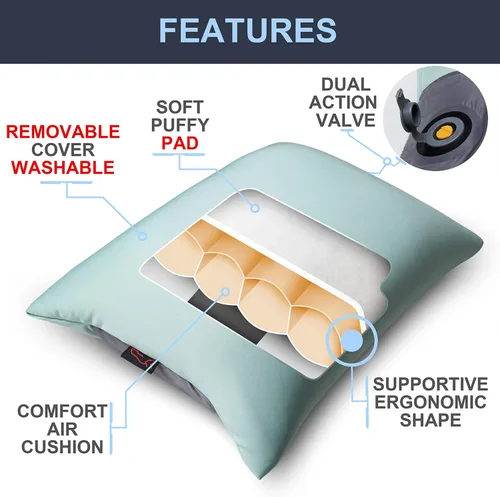 Vista 2 de X-Foam - Almohada inflable para acampar con funda de espuma extraíble, cómoda, lavable, ultraligera, portátil, con soporte lumbar para el cuello