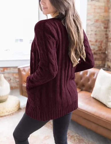 Vista 2 de MEROKEETY - Suéter de punto trenzado y manga larga para mujer, estilo cárdigan abierto al frente, con botones, para otoño, ropa de exterior holgada