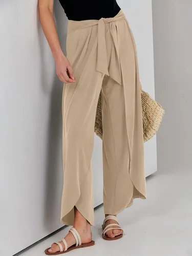 Vista 9 de ANRABESS Pantalones de verano de pierna ancha para mujer, con lazo frontal, holgados, de cintura alta, casual, con abertura, estilo bohemio, palazzo