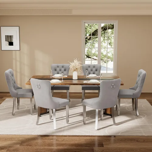 Vista 31 de Juego de mesa de comedor de 5 piezas con 4 sillas, mesa de comedor rectangular de madera de 71 pulgadas con sillas de comedor de terciopelo, tablero