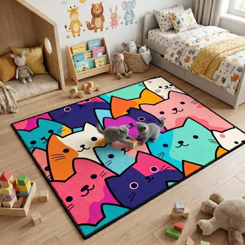 Vista 29 de Alfombra de gato para habitación de niñas, diseño de dibujos animados, decoración para dormitorio, bonita alfombra de área de gatos, alfombras