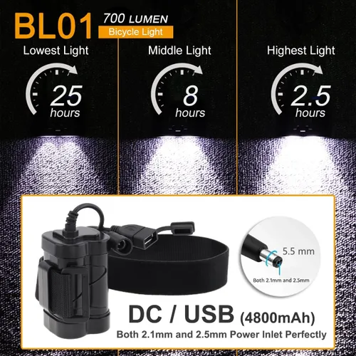 Vista 3 de SecurityIng Luz LED impermeable de 700 lúmenes para bicicleta, 4 modos, lámpara de bicicleta súper brillante + batería recargable de 8.4 V +
