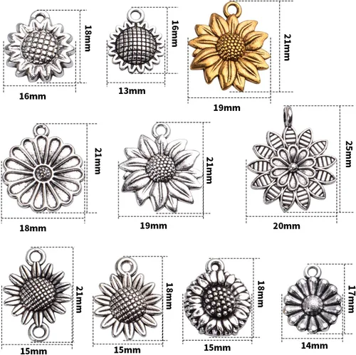 Vista 2 de Aylifu 50 dijes vintage de girasol, suministros de flores de aleación, para hacer joyas, 10 estilos