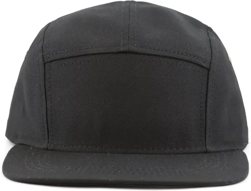 Vista 3 de The Hat Depot Hecho en Estados Unidos de sarga de algodón 5 paneles de ala plana de cuero genuino latón Biker Board Cap Negro