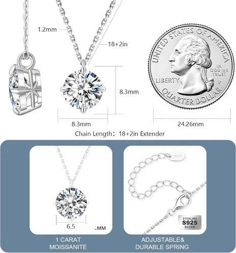 Vista 4 de KRKC Collar solitario con colgante de moissanita para mujer, 0.5CT1CT2CT3CT4CT Diamante creado en laboratorio con color VVS1 Clarity D, cadena