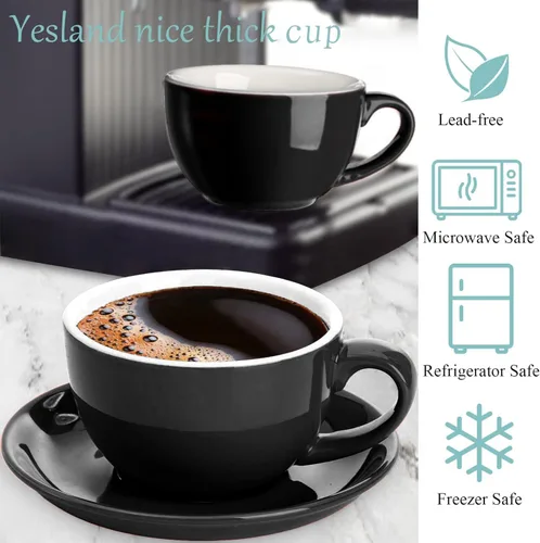 Vista 3 de Yesland Paquete de 2 tazas y platillo de café de cerámica de 8.5 onzas, tazas de capuchino negro brillante para cafetería y barista, perfectas