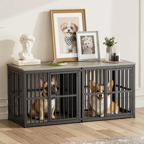 Vista 22 de Lyromix Mueble apilable para perros de 43 pulgadas, para razas grandes con habitaciones dobles, jaula de madera para perros, perrera resistente