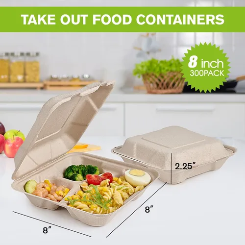 Vista 2 de ECOLipak Paquete de 300 recipientes con forma de ostra para llevar, 100% compostables y desechables, recipientes para llevar comida de 20,3 x 20,3 3