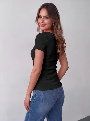 Vista 3 de Zeagoo Camiseta básica de manga corta para mujer, de punto acanalado 1-negro