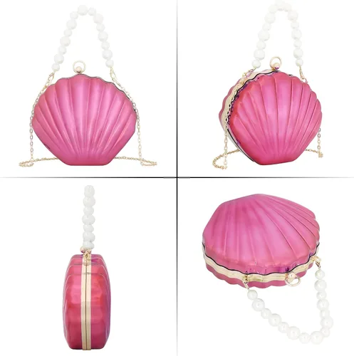 Vista 5 de Bolso de noche de concha de mar para mujer, bolso de hombro con correa de cadena de sirena, bolso de mano
