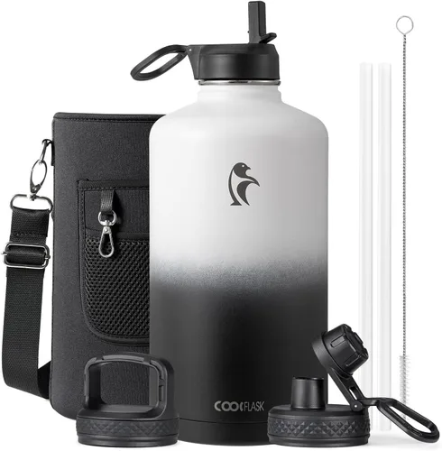 Vista 92 de Coolflask Botella de agua de 20 onzas aislada con pajilla, 3 tapas de metal de acero inoxidable, botella de agua de boca ancha para deportes u