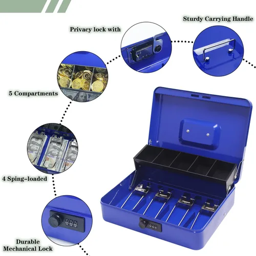 Vista 4 de Caja de efectivo con cerradura de combinación, caja de dinero de metal con bandeja de dinero, caja de bloqueo de efectivo para venta de garaje