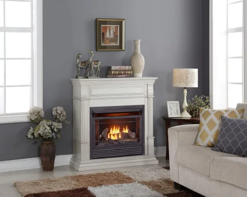 Vista 2 de Duluth Forge Chimenea de gas sin ventilación de combustible dual con repisa - 26,000 BTU, control T-Stat, acabado blanco antiguo - Modelo #