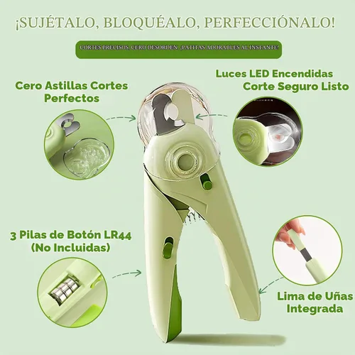 Vista 3 de Cepillo autolimpiante para gatos, cortaúñas con luz LED y lima de uñas Verde