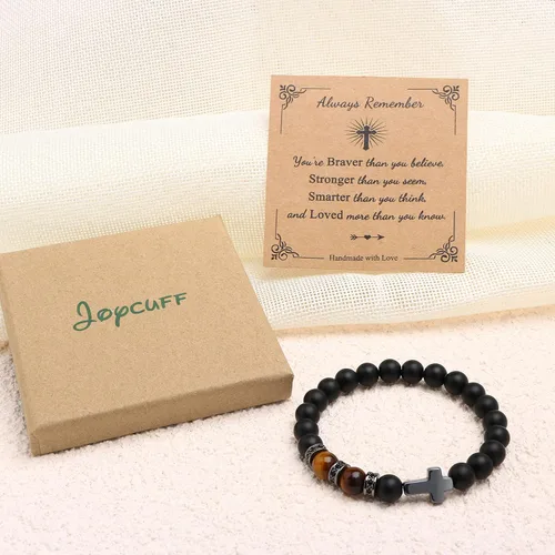 Vista 6 de JoycuFF Pulseras cristianas para hombres, pulsera de cruz de piedra natural para hombres, bautismo cristiano, regalos de Pascua para hombres