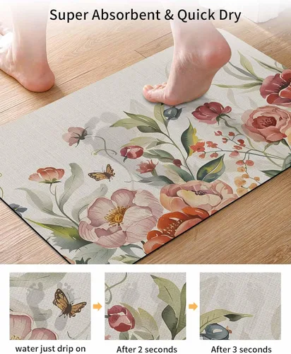 Vista 3 de Tapete de baño con flores retro para bañera, antideslizante, de secado rápido y absorbente, tierra de diatomeas, fregadero de cocina, ducha
