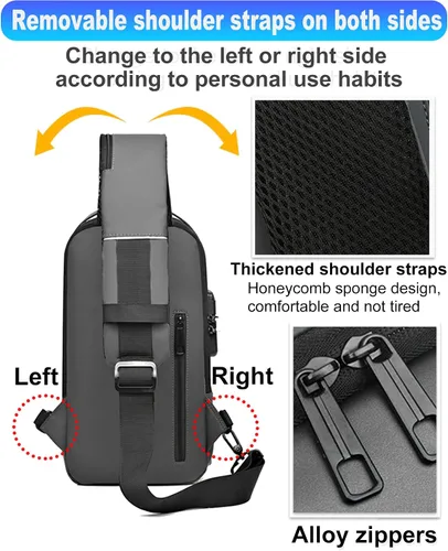 Vista 4 de Sling Bag for Men Anti-Theft USB Crossbody Backpack Waterproof Chest Daypack