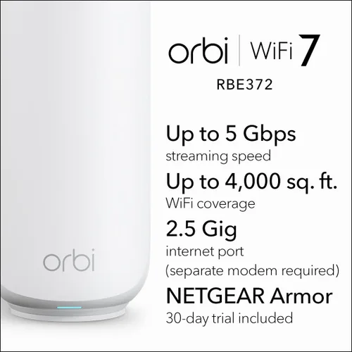 Vista 2 de NETGEAR Orbi Serie 370 Sistema de malla WiFi 7 de doble banda para el hogar (RBE372) - Router inalámbrico (sin módem) + 1 extensor, características