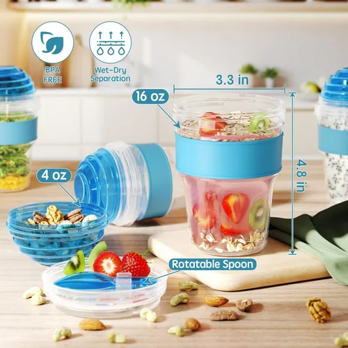 Vista 2 de Paquete de 4 tazas de yogur para parfait con tapas reutilizables, recipientes de plástico de 20 onzas para avena para llevar con compartimento