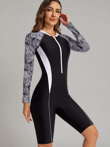 Vista 13 de ECUPPER Traje de baño de una pieza de manga larga para mujer, con cierre Boyleg, protector de erupción, cobertura de traje de baño de surf, traje
