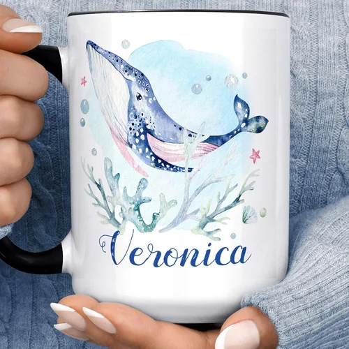 Vista 2 de Taza de café náutica personalizada de ballena Añadir nombre personalizado a la taza de cerámica Apto para microondas y lavavajillas, regalo