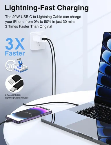 Vista 2 de Paquete de 2 cables USB C a Lightning de 6/10 pies [certificado Apple MFi], cable USB tipo C a Lightning, cable de carga rápida USBC para iPhone