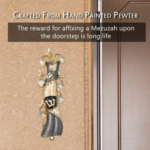 Vista 8 de Matashi Mezuzah para puerta con pergamino, pintado a mano gris y dorado esmalte mezuzah funda, ramas y cristales de granada, forma de cuerno