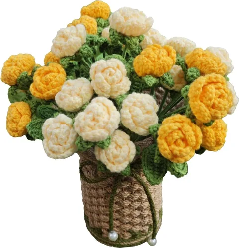 Vista 9 de THREEBOY Ramo de flores artificiales de ganchillo de rosas rojas con florero de punto para el Día de la Madre, San Valentín, decoración