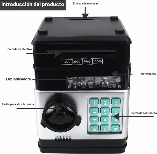 Vista 3 de HUSAN Alcancía para niños, código electrónico de contraseña, banco de dinero, cajero automático, caja de monedas para niños y niñas (negro)