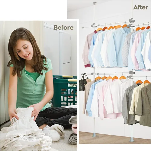 Vista 3 de Estante doble para ropa, estantes ajustables para colgar ropa, ropa de 2 niveles, ropa resistente, sistema independiente de armario blanco