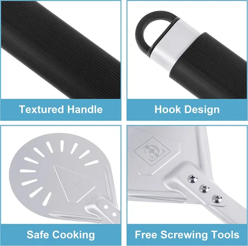 Vista 4 de Pizza Turning Peel – Paleta de aluminio ligera de 7 pulgadas con mango de aluminio recubierto de goma, diseño ergonómico, ideal para hornos de pizza