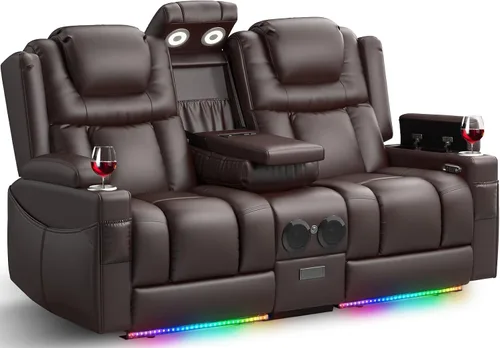 Vista 12 de Sofá reclinable eléctrico, asiento de cine en casa con consola abatible, sofá biplaza reclinable de pared con luz LED, puertos USB, sofá de casa