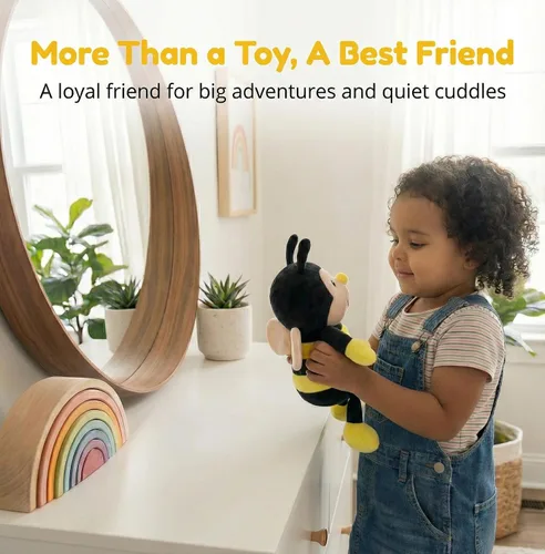 Vista 3 de Peluche Nana la abeja con cara sonriente y alas amarillas, abejorro, juguete suave en forma de animal para niños de 12 pulgadas de la cabeza a
