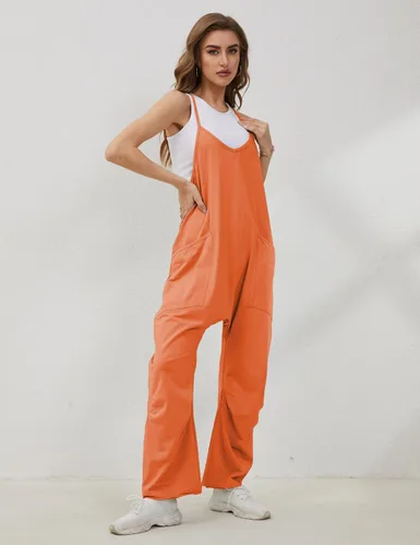 Vista 5 de Lentta - Enterizo casual para mujer con cuello en V sin mangas tipo harem con tirantes elásticos ajustables y bolsillos