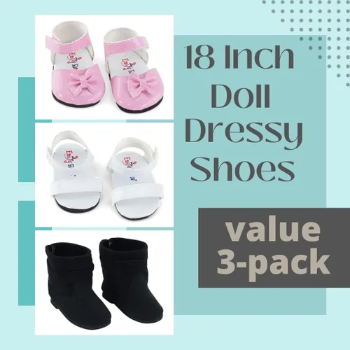 Vista 6 de Emily Rose Ropa para muñecas: paquete de 3 zapatos de muñeca de 18 pulgadas, juego de regalo de valor: zapatos rosados, sandalias blancas y botas