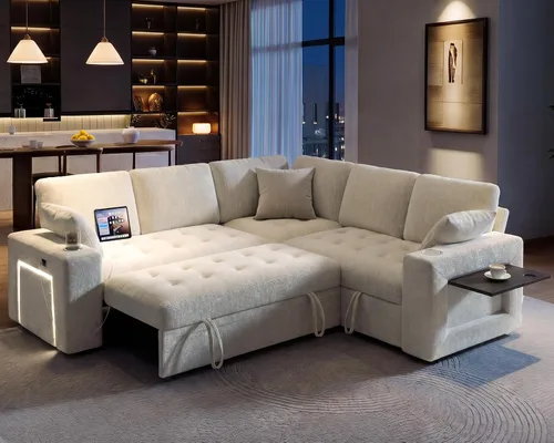 Vista 9 de Sofá modular modular de 86 pulgadas en forma de L, 5 asientos con cama Beige