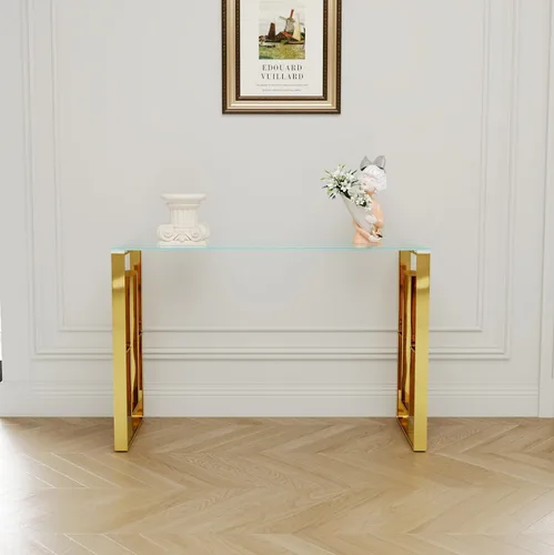 Vista 4 de SSLine Mesa consola de vidrio templado, mesa de sofá de cristal transparente con marco de acero inoxidable, mesas de entrada doradas para pasillo