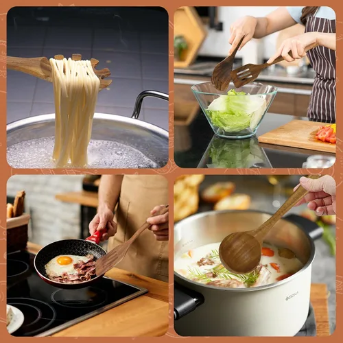 Vista 7 de comfoyar Juego de utensilios de cocina de madera, 7 cucharas de madera de teca natural para cocinar con espátula y cucharón, utensilios de cocina