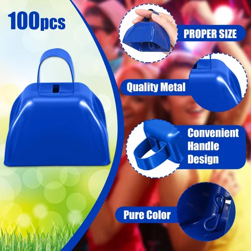 Vista 2 de Boao 100 cencerros de metal a granel con mango para hacer ruido deportivo Azul