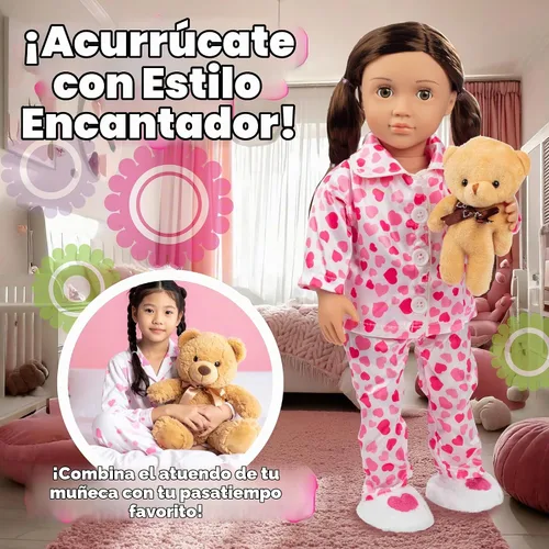 Vista 7 de Conjunto de 4 piezas de muñeca de pijama de corazón rojo y rosa con oso de peluche, ropa y accesorios de muñeca de 18 pulgadas compatibles
