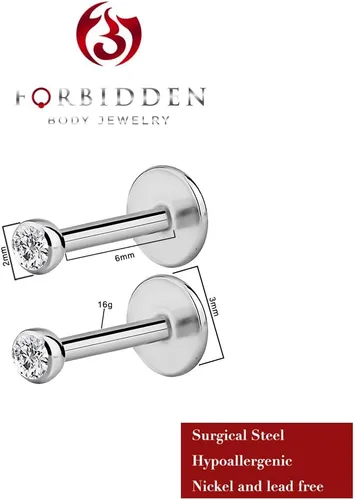 Vista 2 de Forbidden Body - Piercing de acero quirúrgico de acero quirúrgico con rosca interna de micro circonita cúbica, tragus, labret, hélice, parte